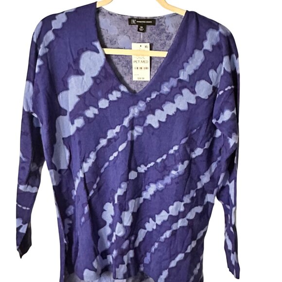 INC Size Petite Med Blue Tie Dye V-Neck Long Sleeve Lightweight Knit Top - Picture 1 of 9